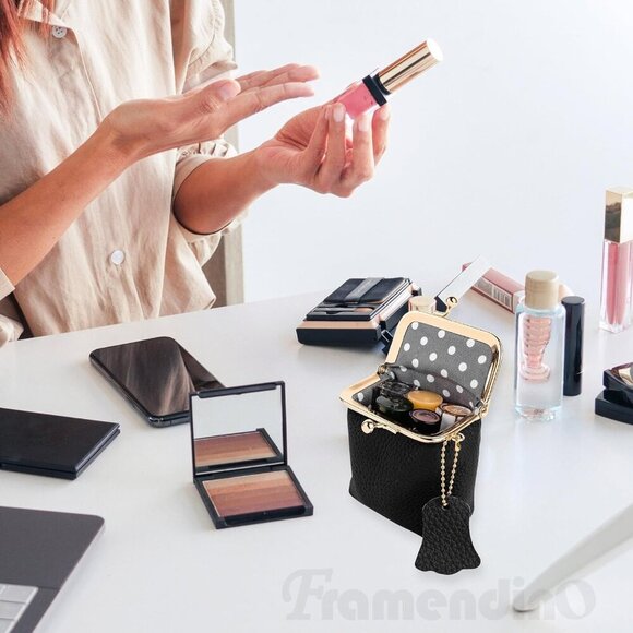 Vintage Black Leather Kiss Lock Coin Purse - Compact Portable Mini Wallet for Tr - Picture 6 of 8